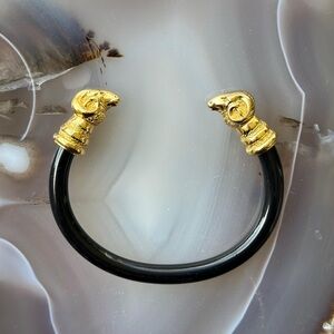 Rams Head Terminal Bracelet Egyptian Revival Goldtone Lucite Cuff Aries Zodiac